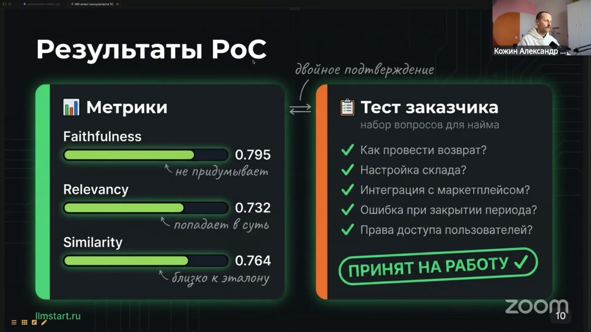 Графики метрик Faithfulness, Relevancy и Similarity, а также текст с вопросами для теста заказчика.